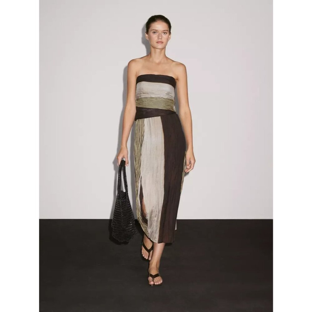 🌹 Massimo Dutti Strapless Pleated Colorblock Midi Dress - Size: 2